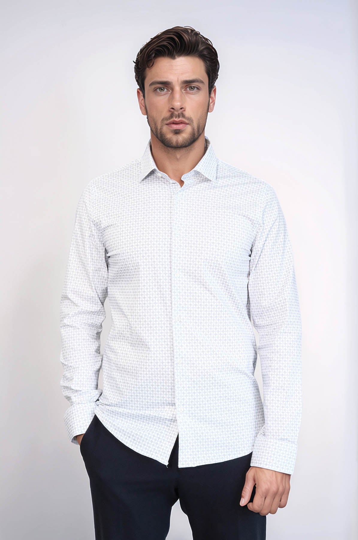 Houndstooth Pattern Slim Fit White Men Shirt - Wessi