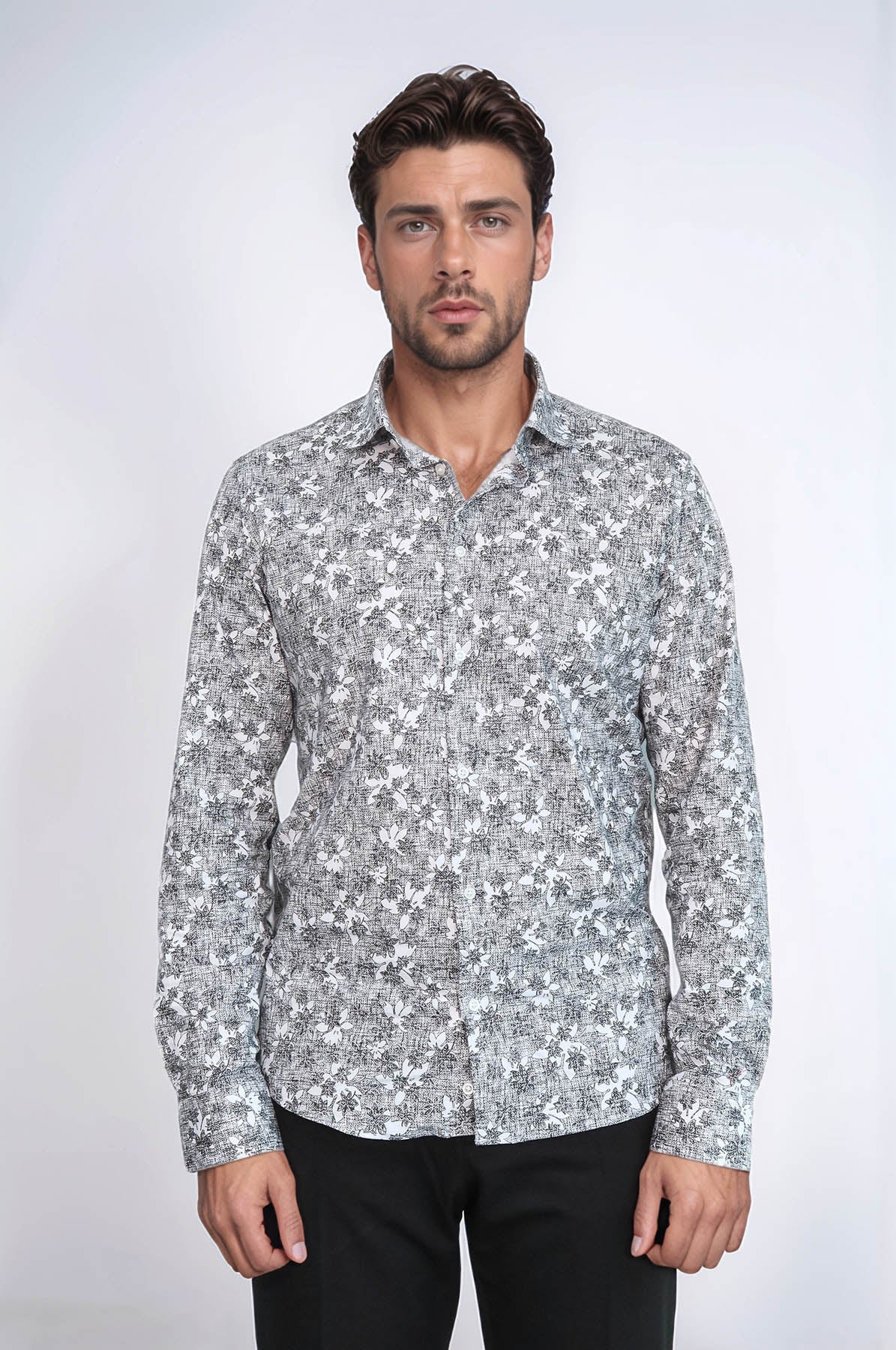 KOALA SYDNEY Bloom Patterned Dark Slim Fit Grey Men Shirt