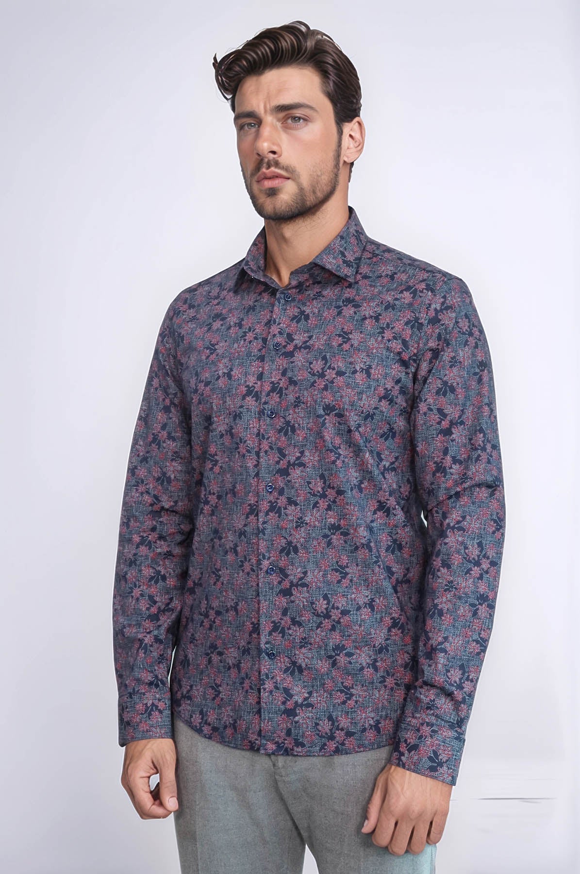 KOALA SYDNEY Bloom Patterned Slim Fit Navy Blue Men Shirt