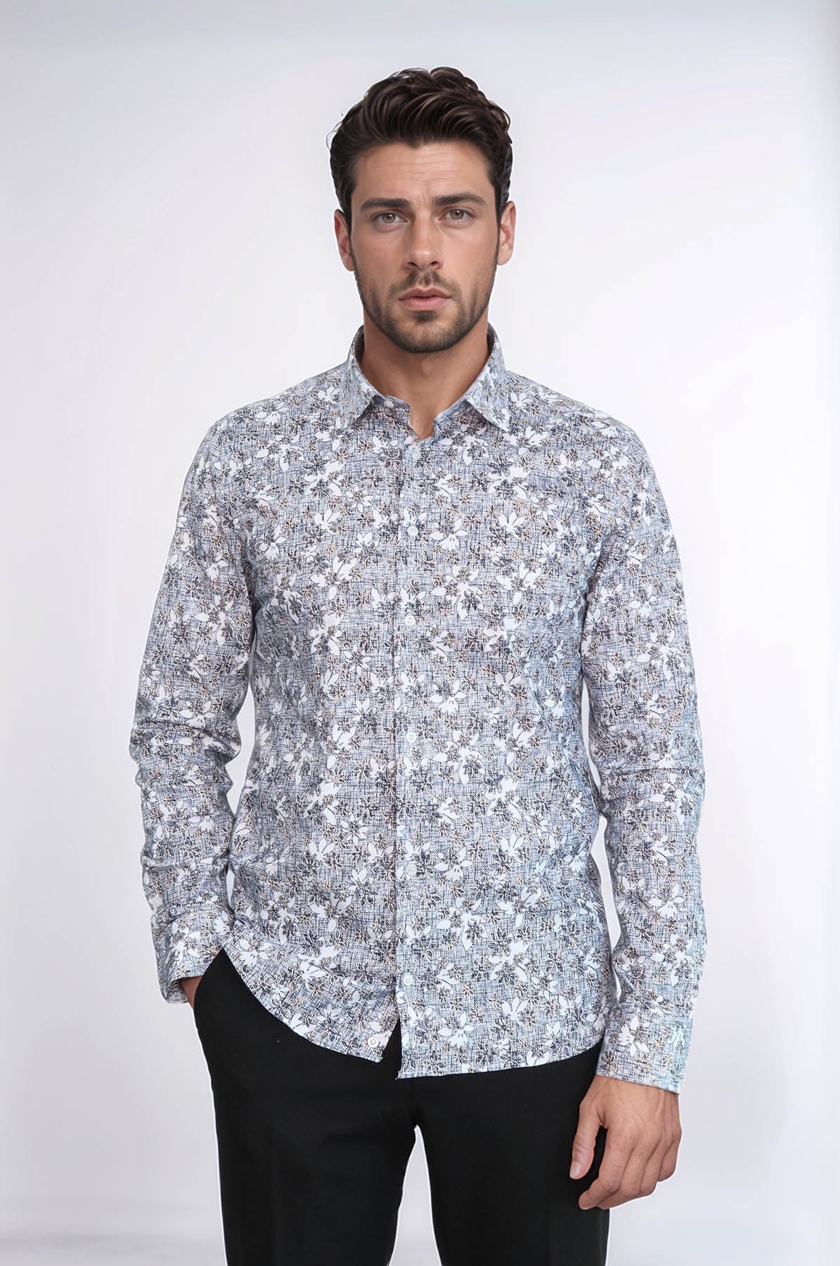 KOALA SYDNEY Bloom Patterned Grey Slim Fit Shirt -