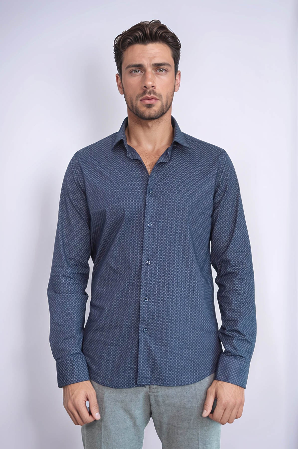 KOALA SYDNEY Dark Blue Tiny Check Patterned Slim Fit Shirt -