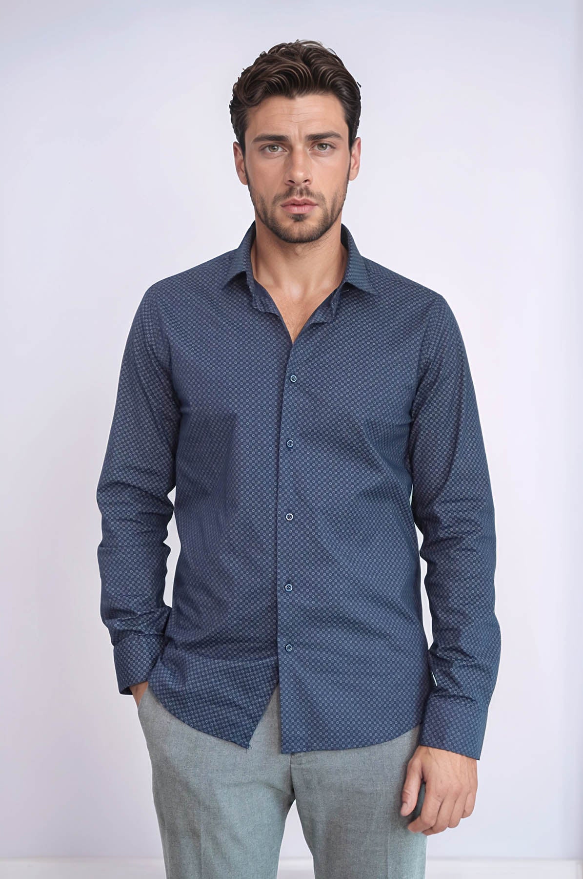 KOALA SYDNEY Dark Blue Tiny Check Patterned Slim Fit Shirt -