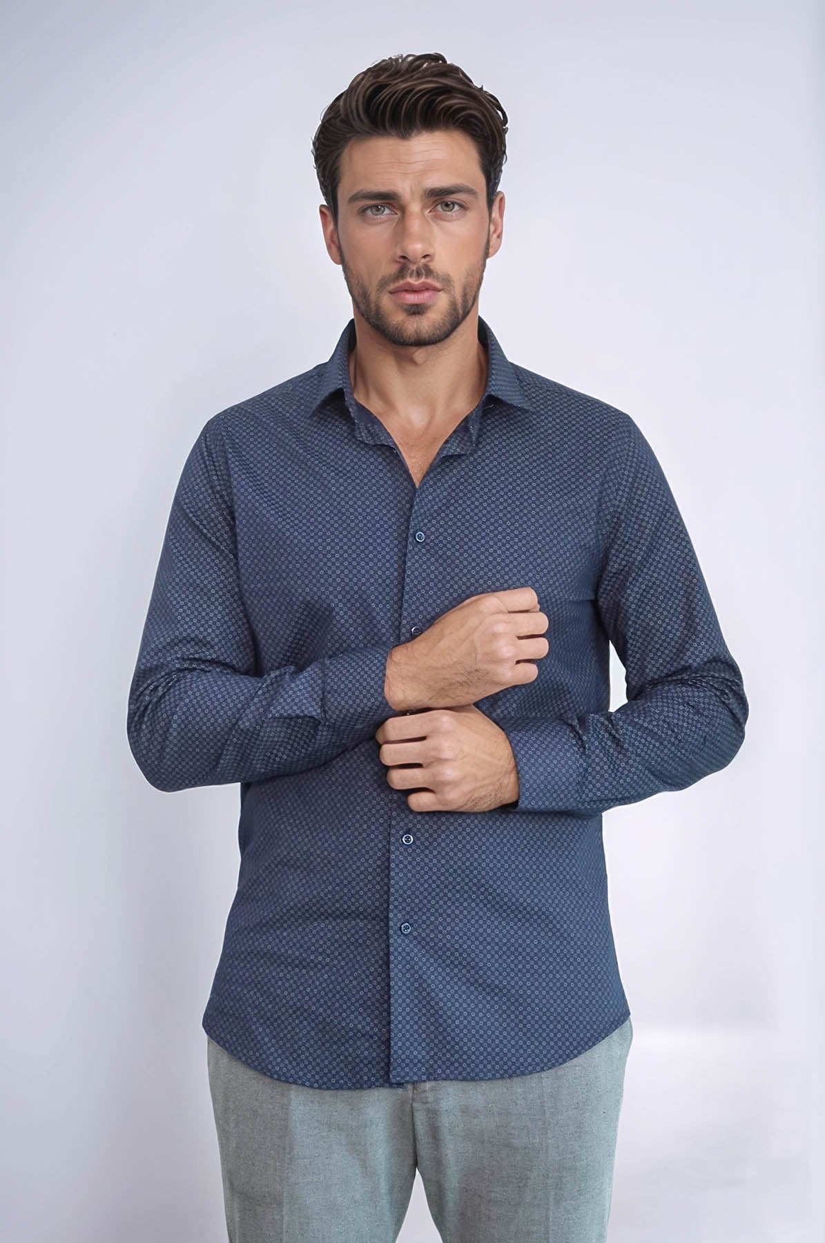 KOALA SYDNEY Dark Blue Tiny Check Patterned Slim Fit Shirt -