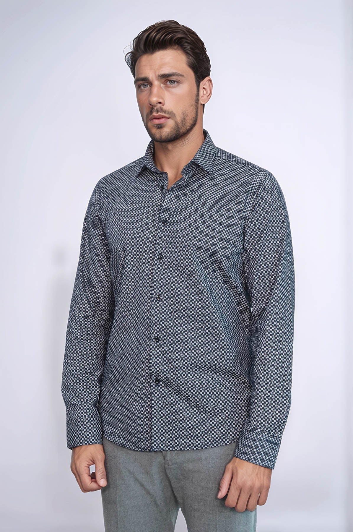 KOALA SYDNEY Navy Blue Tiny Check Patterned Slim Fit Shirt -