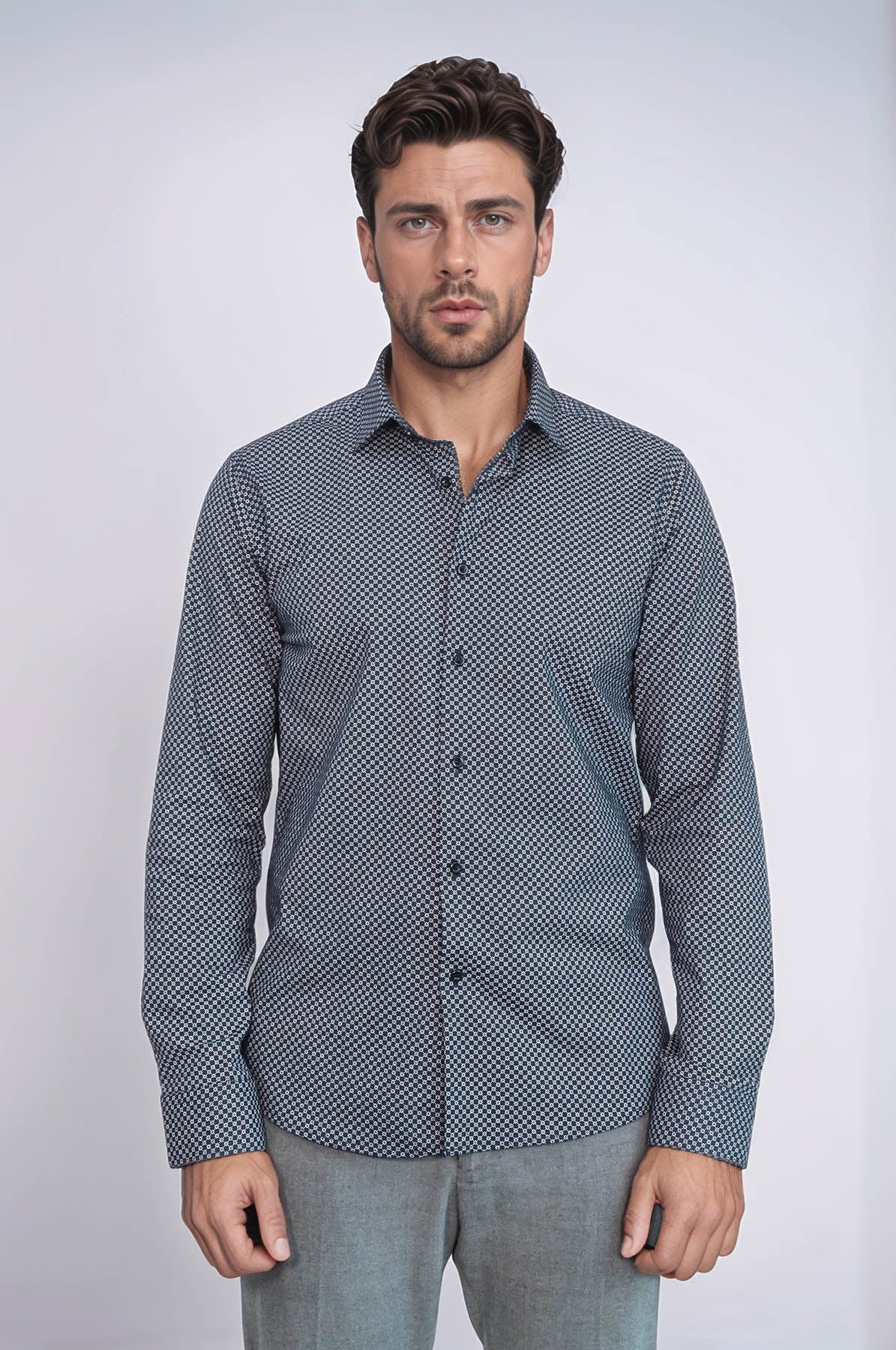 KOALA SYDNEY Navy Blue Tiny Check Patterned Slim Fit Shirt