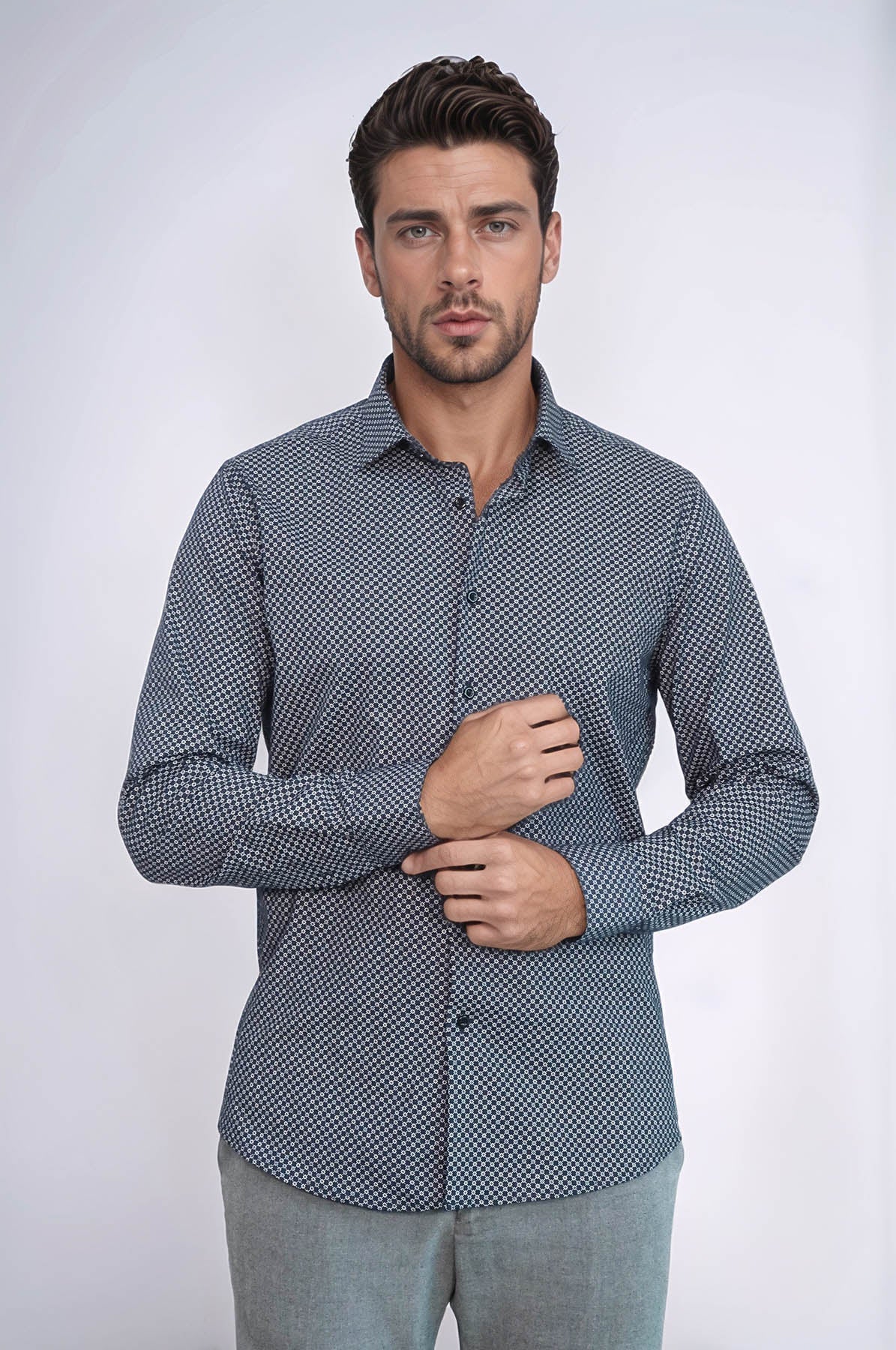 KOALA SYDNEY Navy Blue Tiny Check Patterned Slim Fit Shirt -