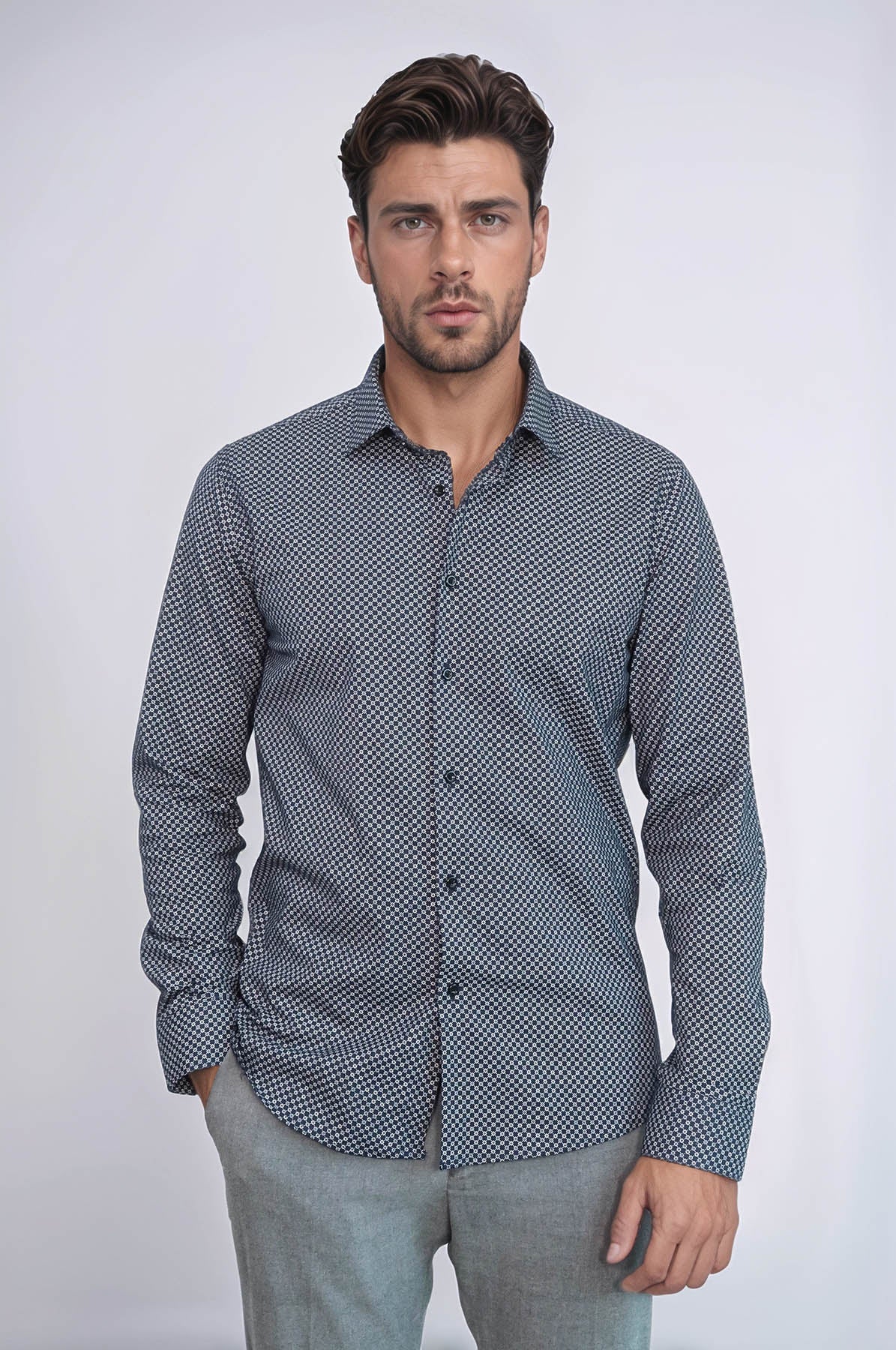 KOALA SYDNEY Navy Blue Tiny Check Patterned Slim Fit Shirt -