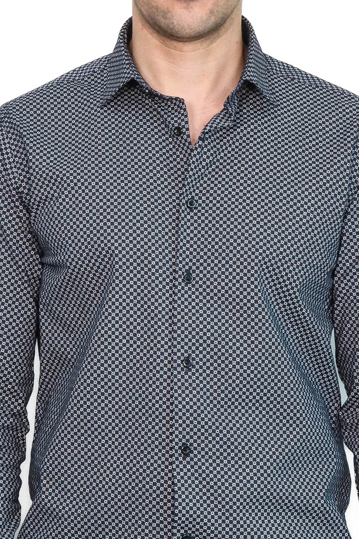 KOALA SYDNEY Navy Blue Tiny Check Patterned Slim Fit Shirt -