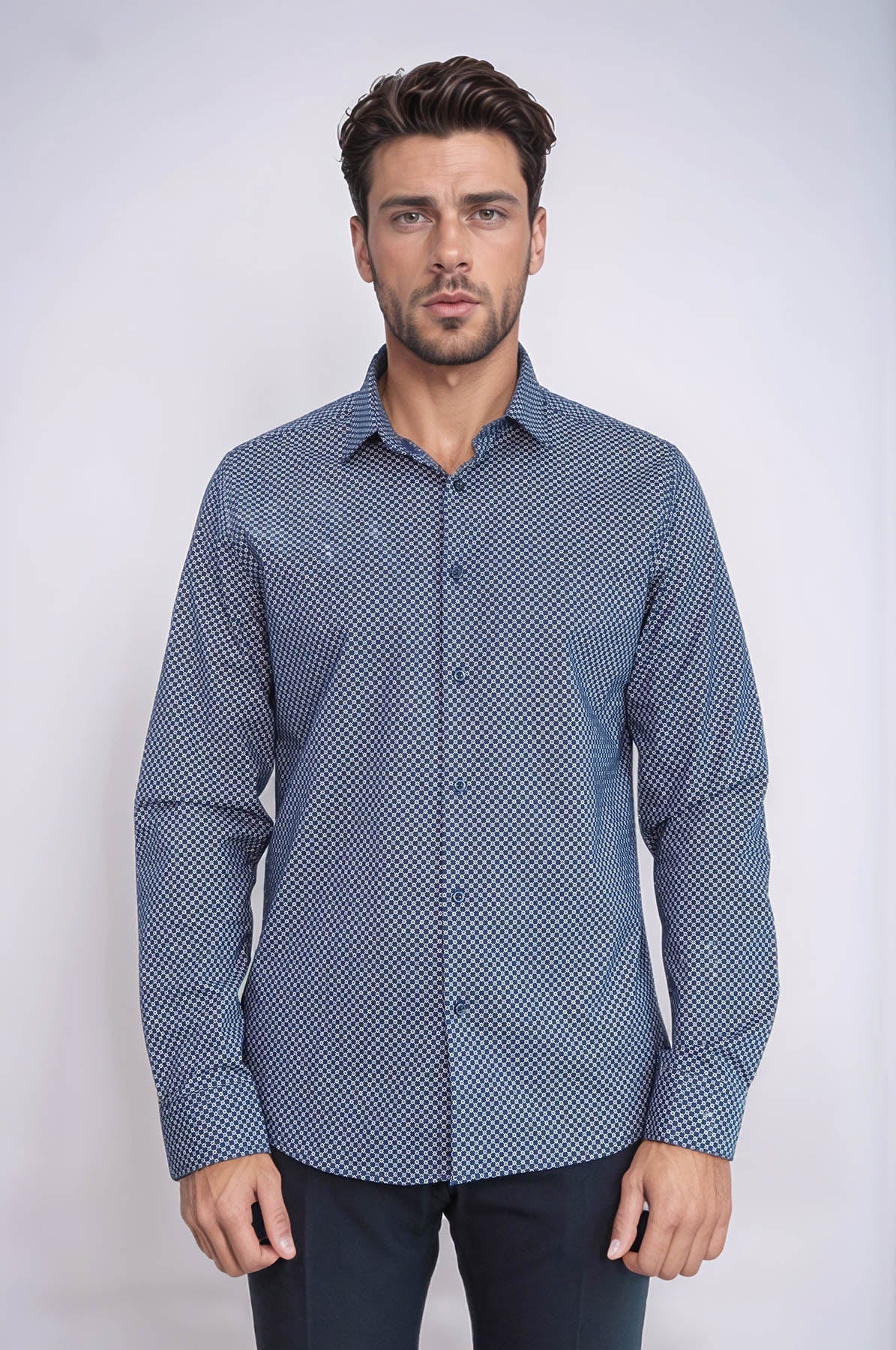 Tiny Check Patterned Slim Fit Blue Men Shirt -