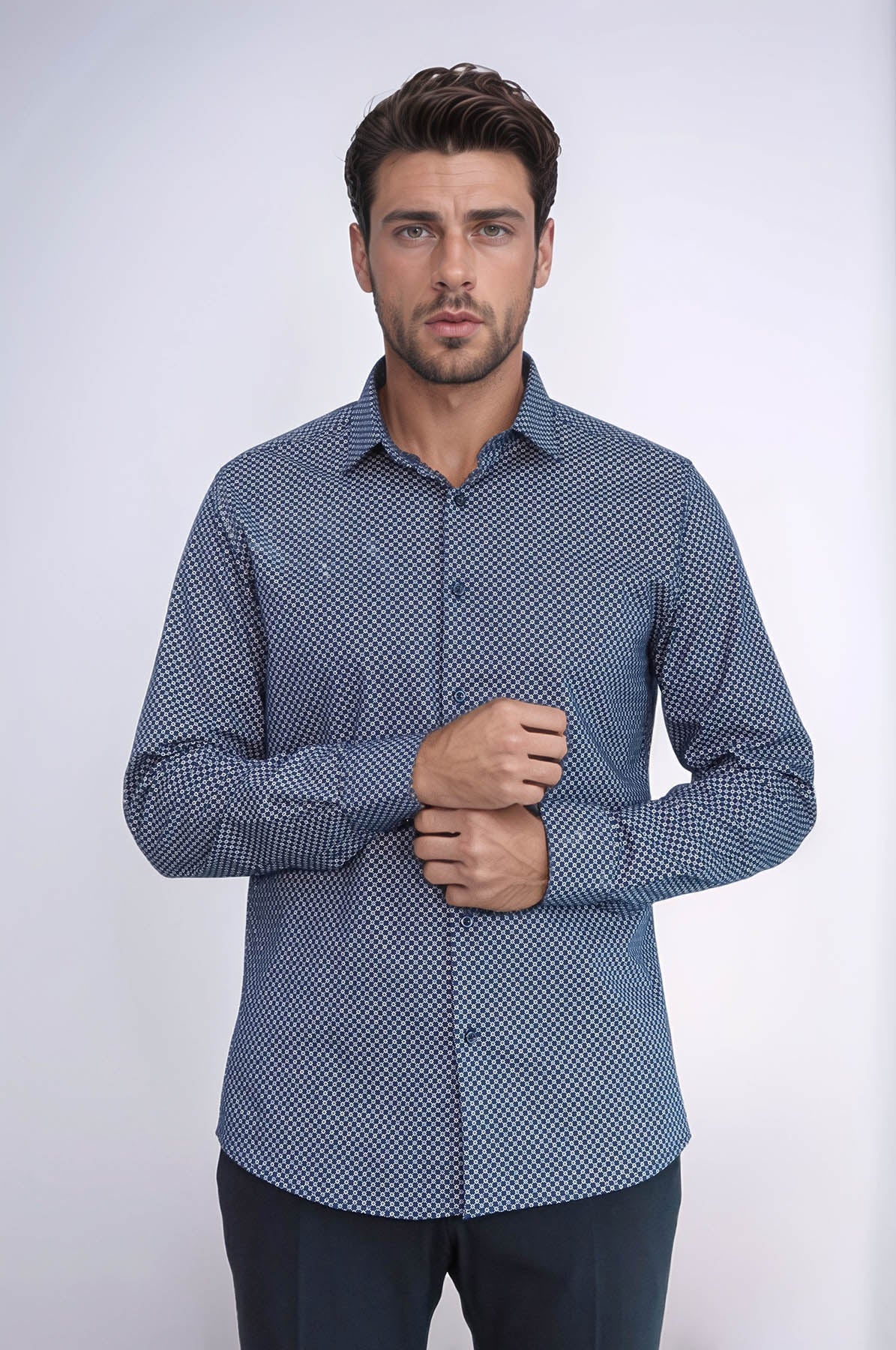 Tiny Check Patterned Slim Fit Blue Men Shirt -