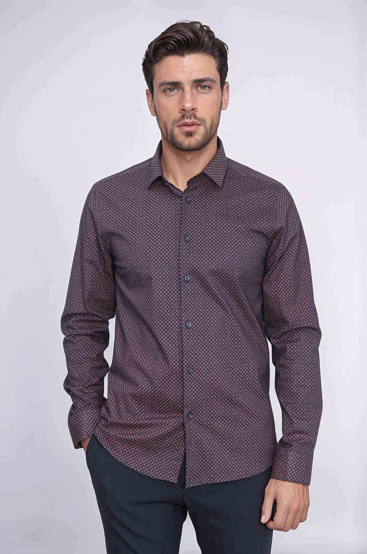 KOALA SYDNEY Brown Tiny Check Patterned Slim Fit Shirt