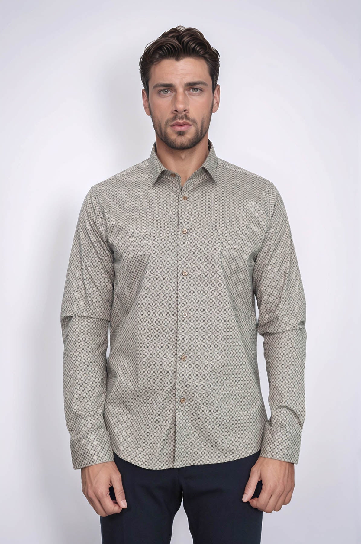 Tiny Check Patterned Slim Fit Light Brown Men Shirt -