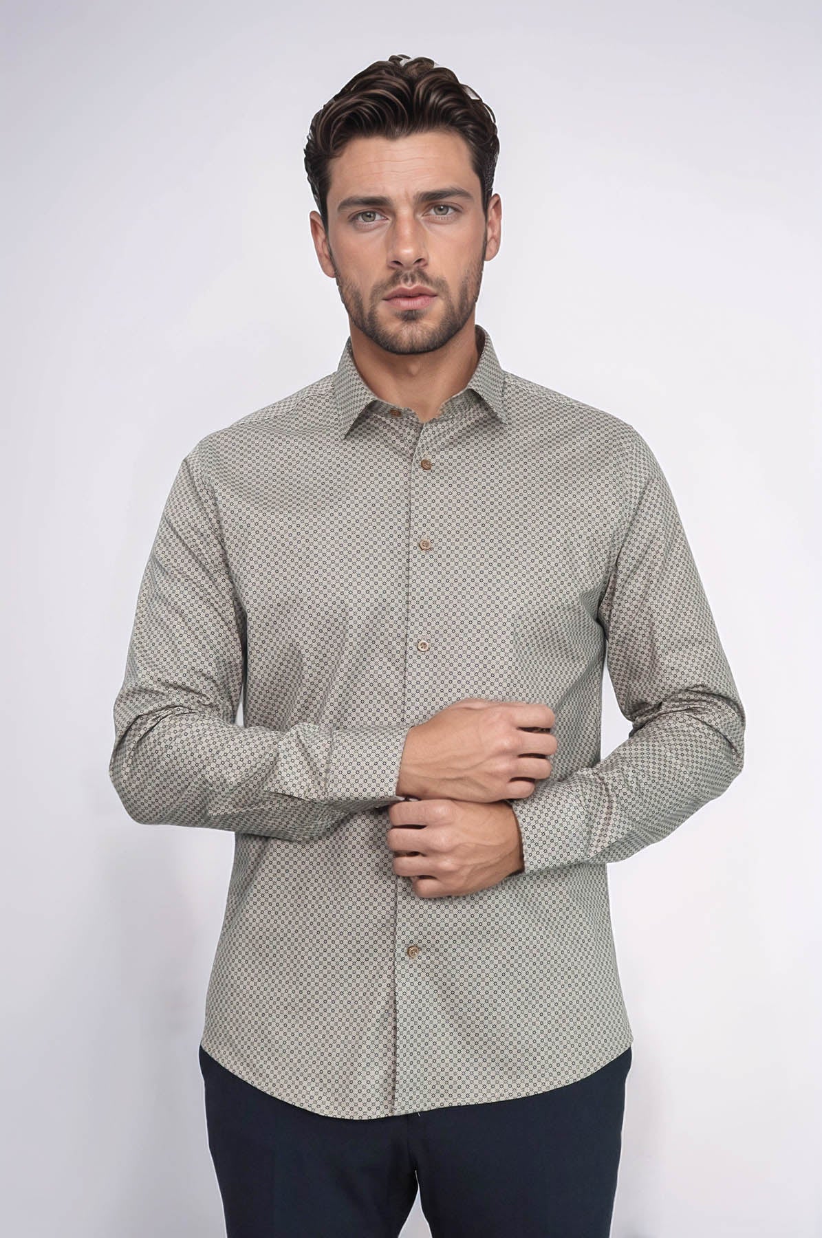 Tiny Check Patterned Slim Fit Light Brown Men Shirt -