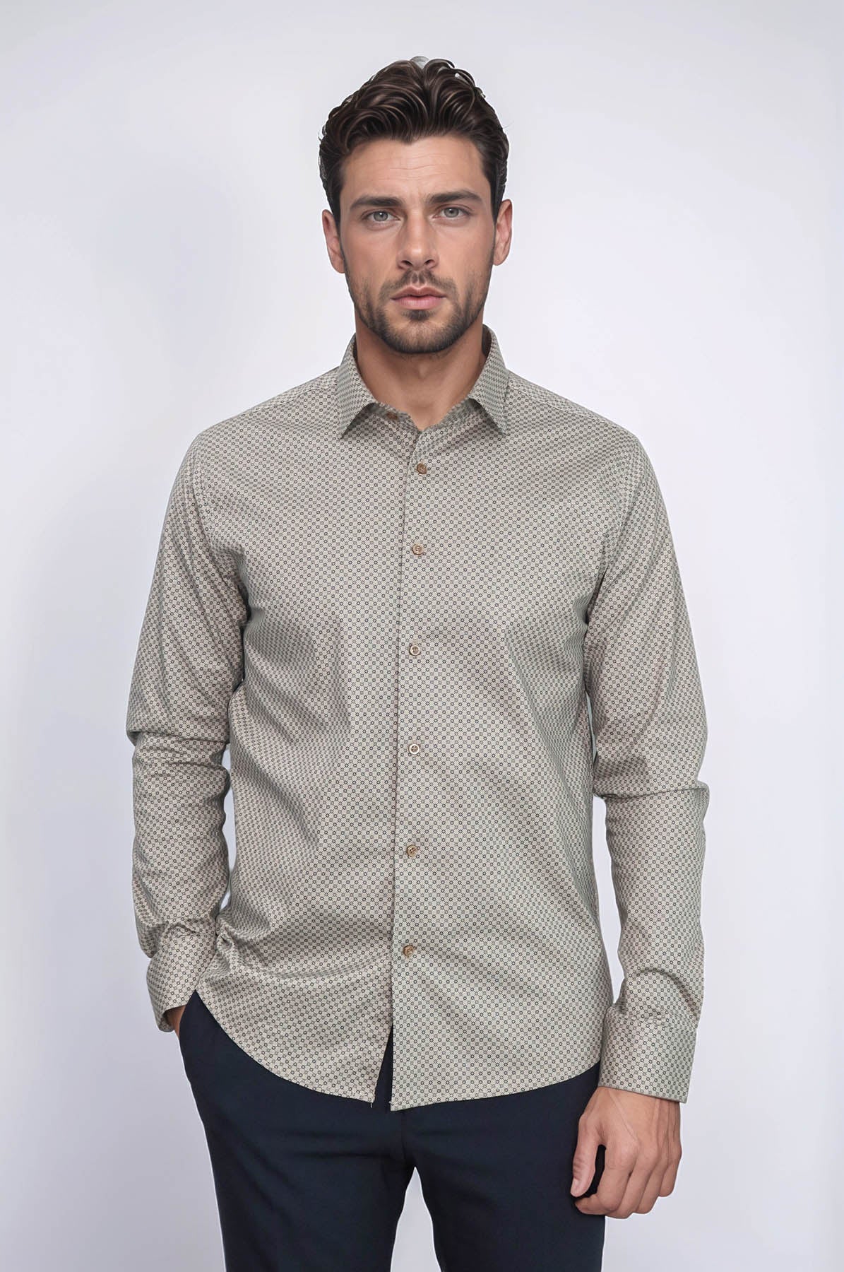 Tiny Check Patterned Slim Fit Light Brown Men Shirt -