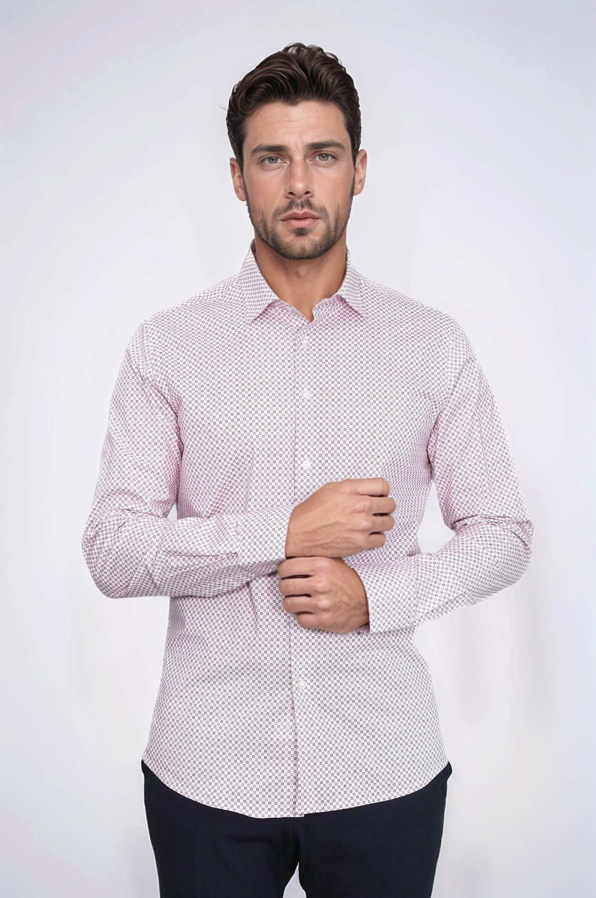 KOALA SYDNEY Claret Red Tiny Check Patterned Slim Fit Men Shirt