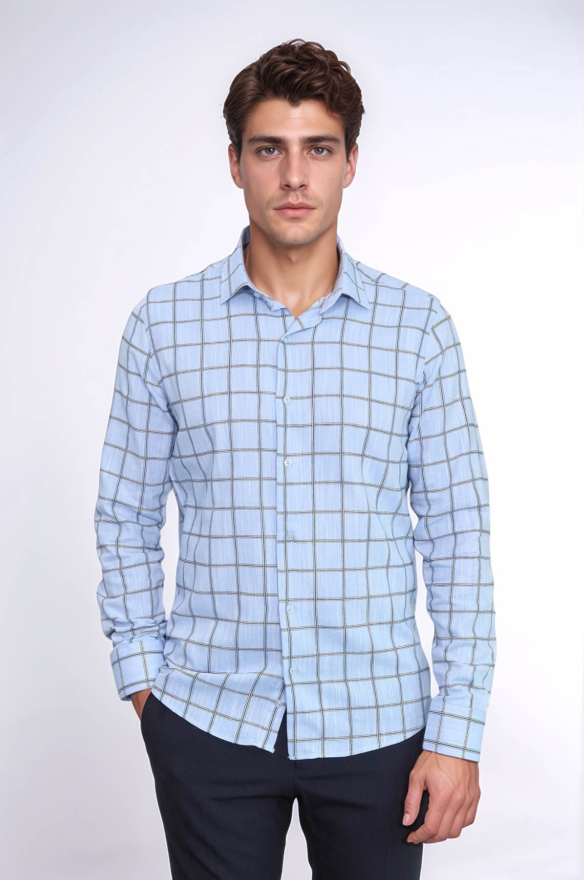 Plaid Slim Fit Blue Men Shirt -