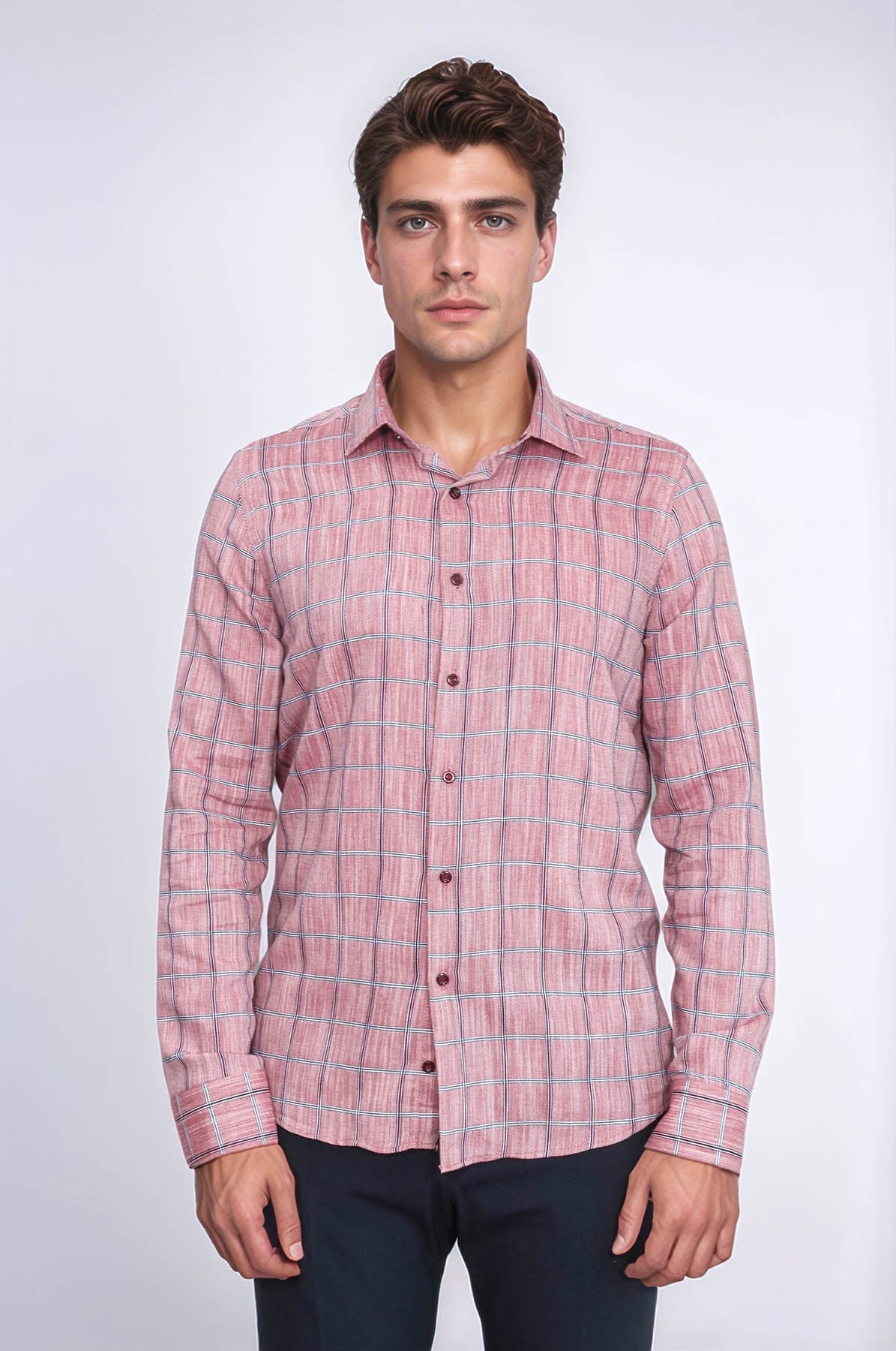 Plaid Slim Fit Burgundy Men Shirt