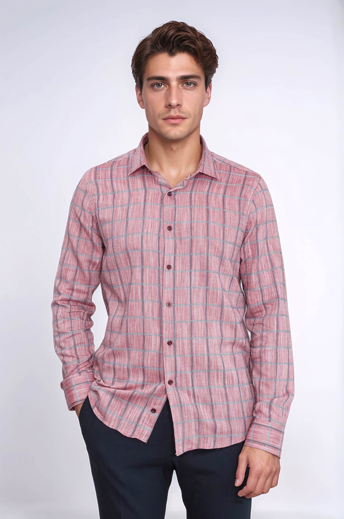 Plaid Slim Fit Burgundy Men Shirt