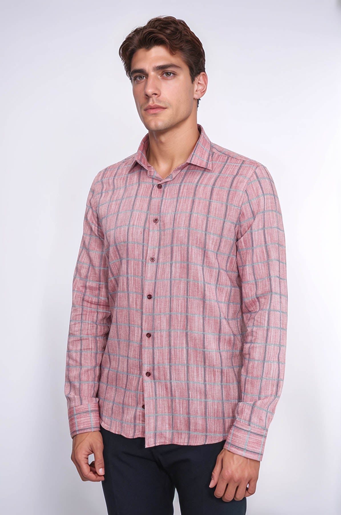 Plaid Slim Fit Burgundy Men Shirt