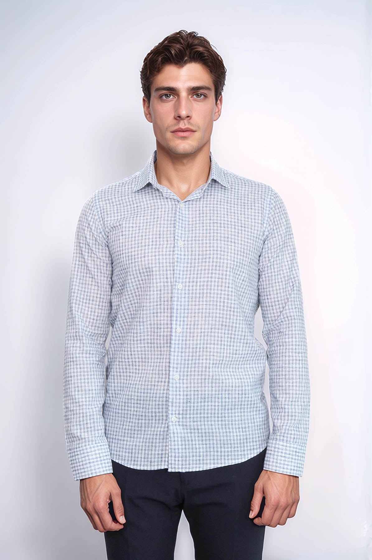 Plaid Slim Fit Navy Blue Men Shirt