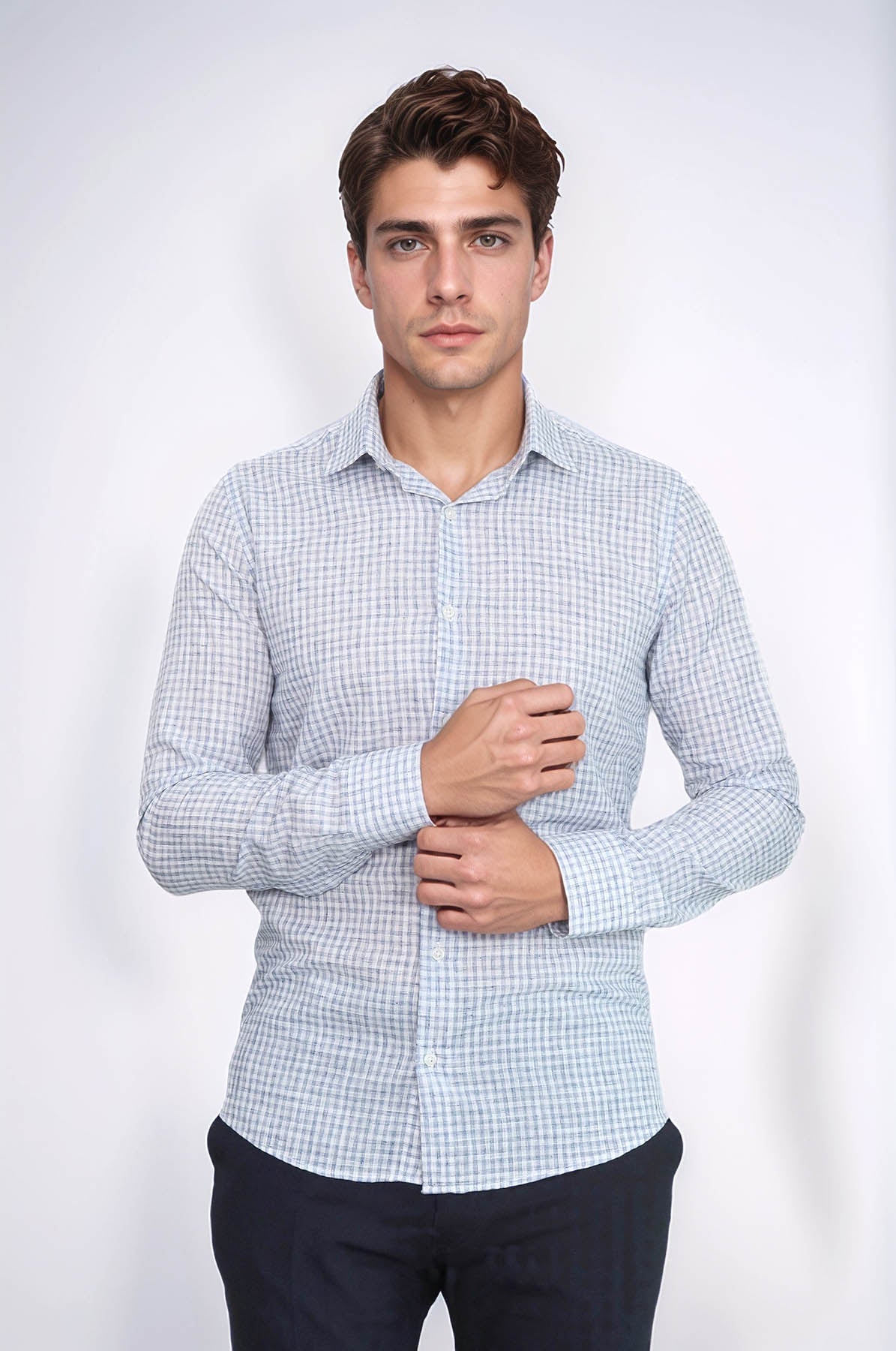 Plaid Slim Fit Navy Blue Men Shirt