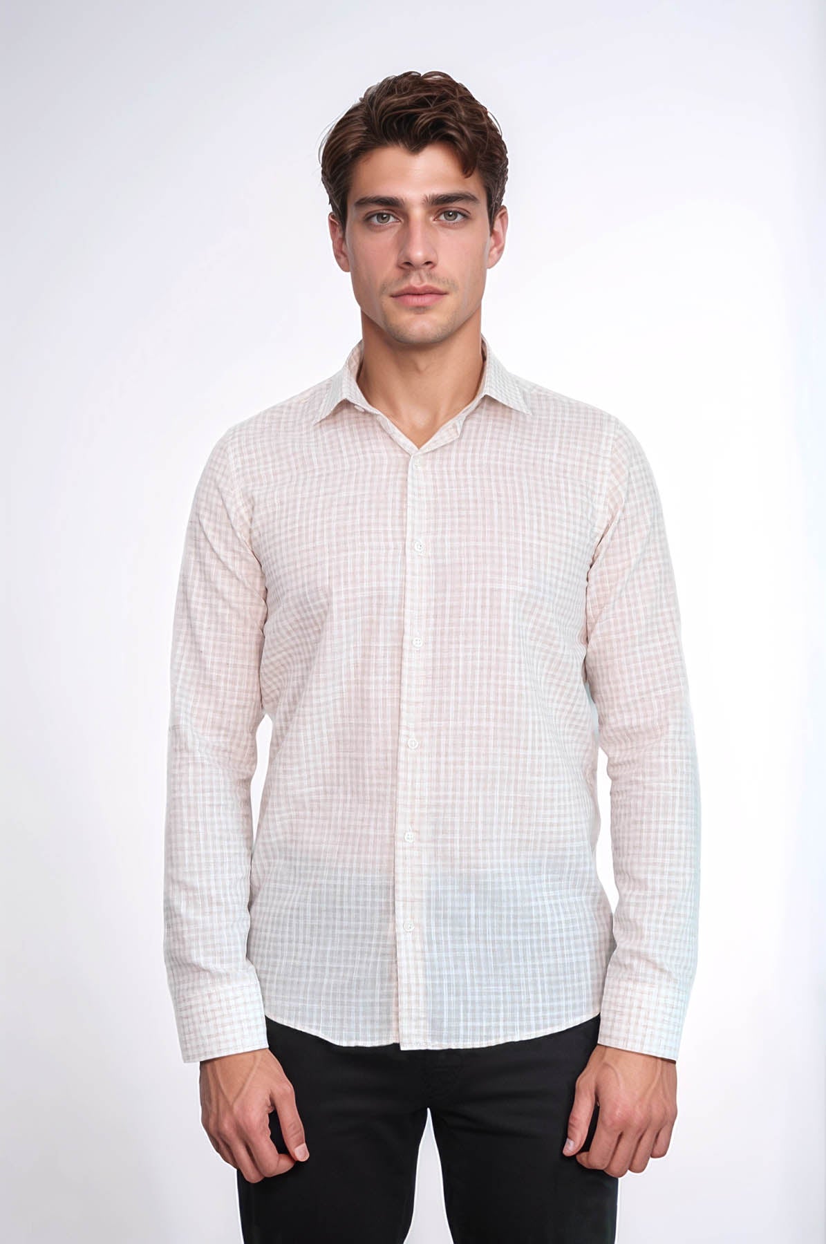 Plaid Slim Fit Light Brown Men Shirt