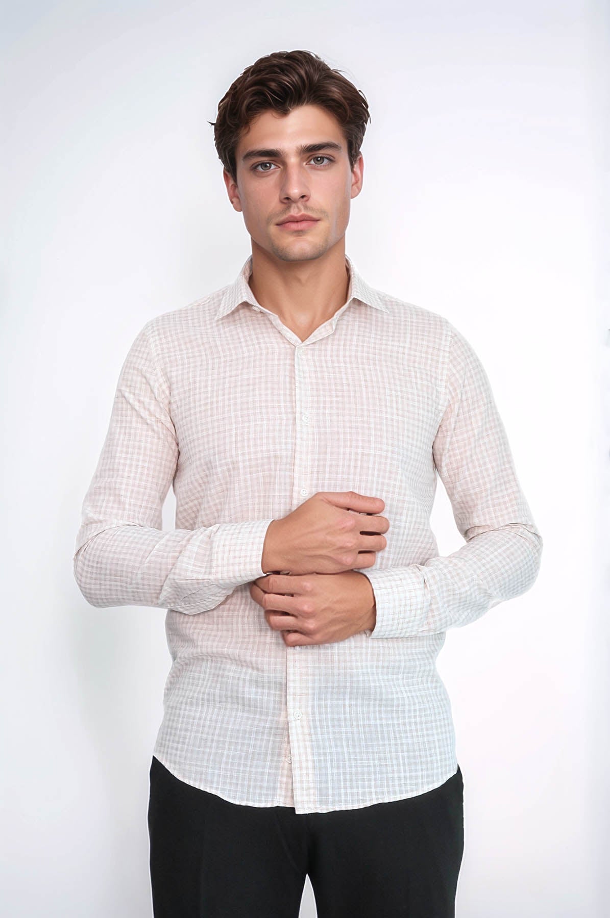 Plaid Slim Fit Light Brown Men Shirt