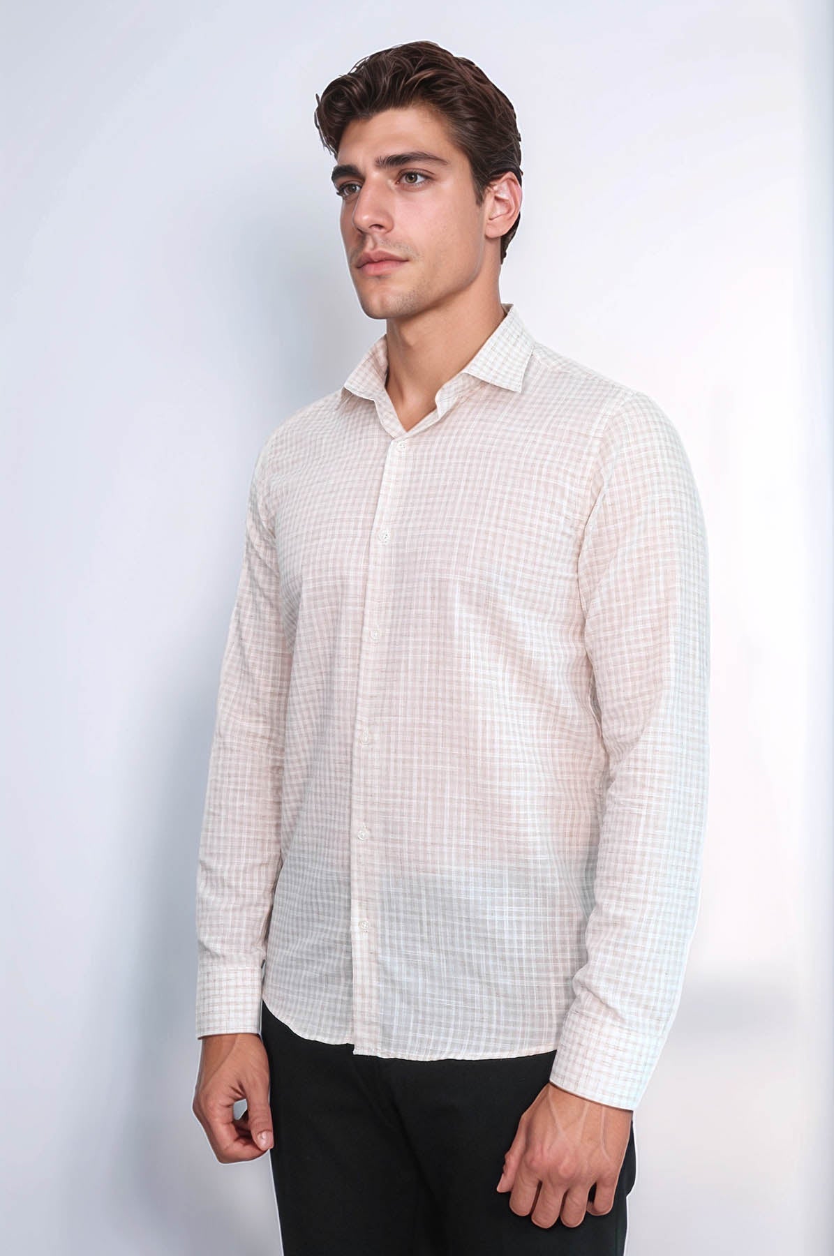 Plaid Slim Fit Light Brown Men Shirt