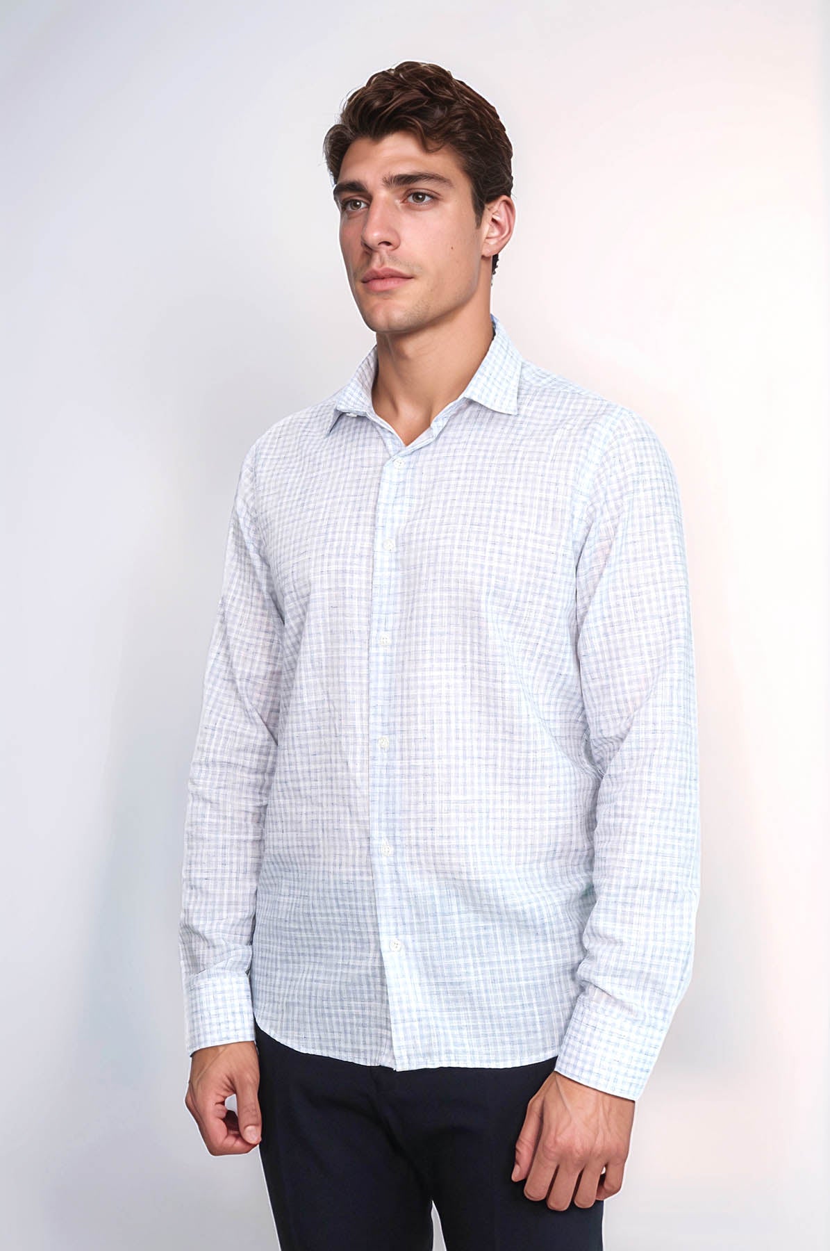 Plaid Slim Fit Sky Blue Men Shirt -