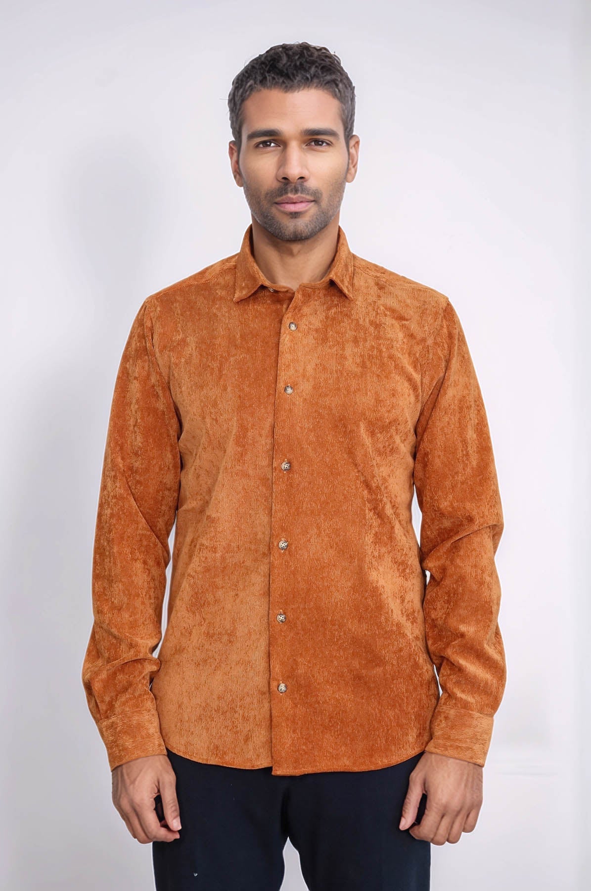 Brown Long Sleeves Velvet Men's Shirt