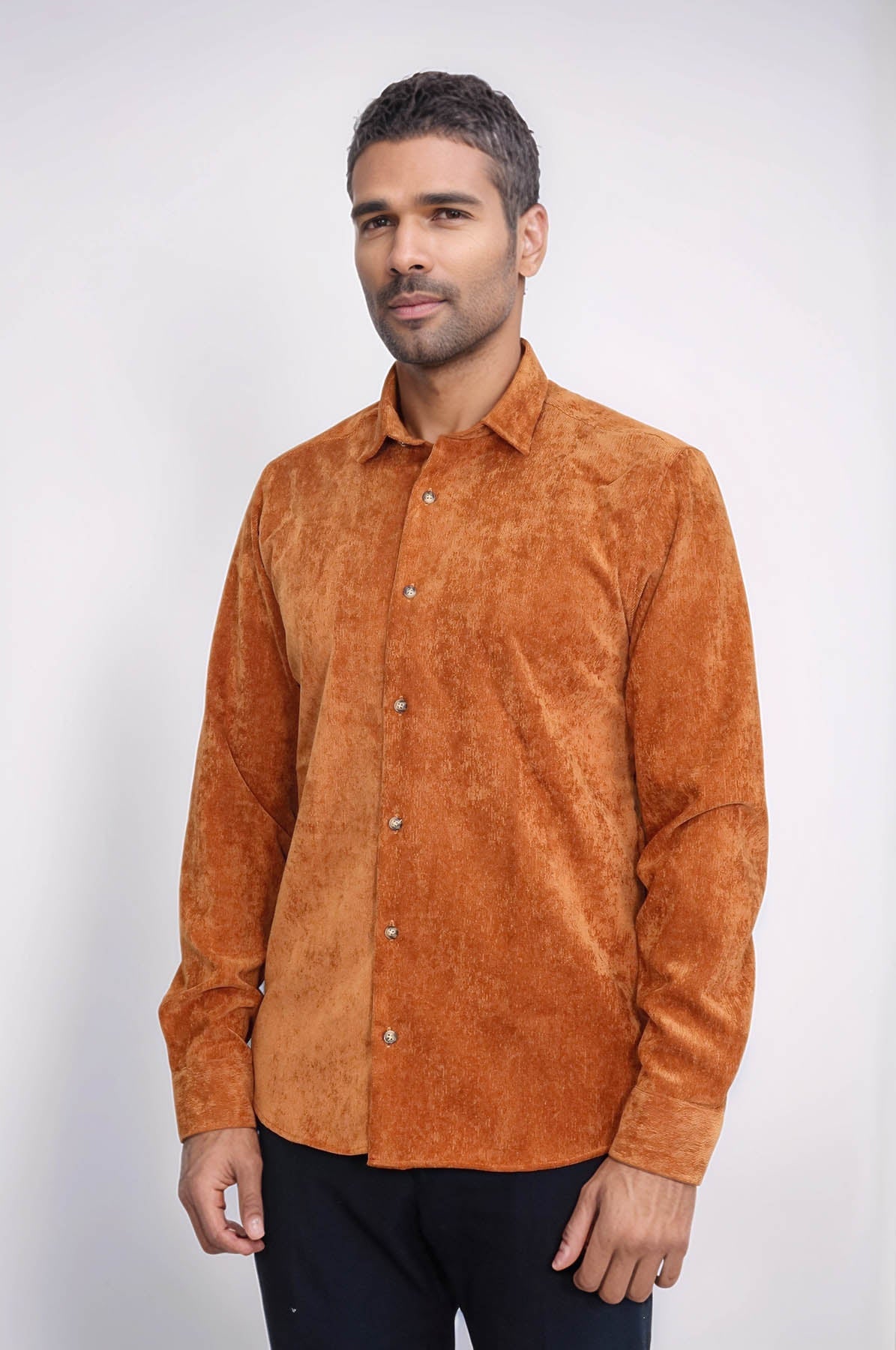 Brown Long Sleeves Velvet Men's Shirt