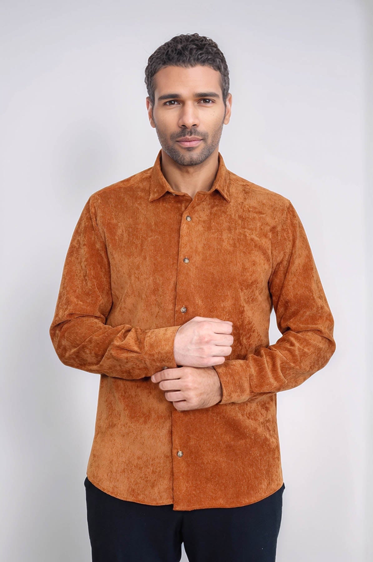 Brown Long Sleeves Velvet Men's Shirt