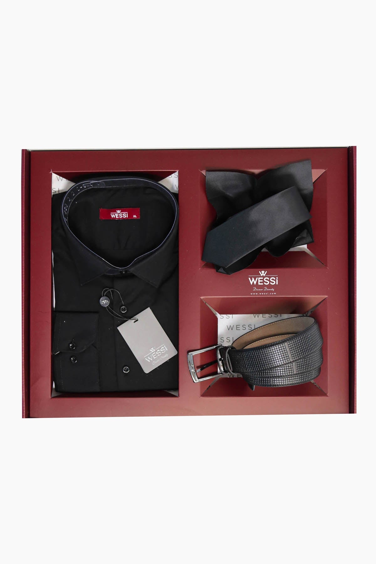 The Dapper Gift Box by Wessi – Includes Black Shirt, Black Tie & Black Textured Belt