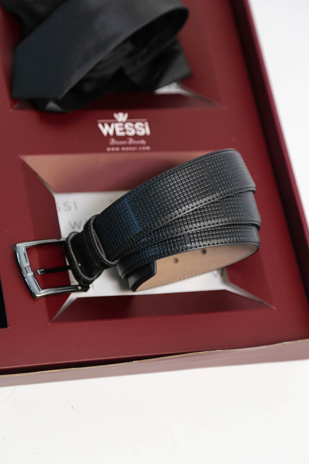 The Dapper Gift Box by Wessi – Includes Black Shirt, Black Tie & Black Textured Belt