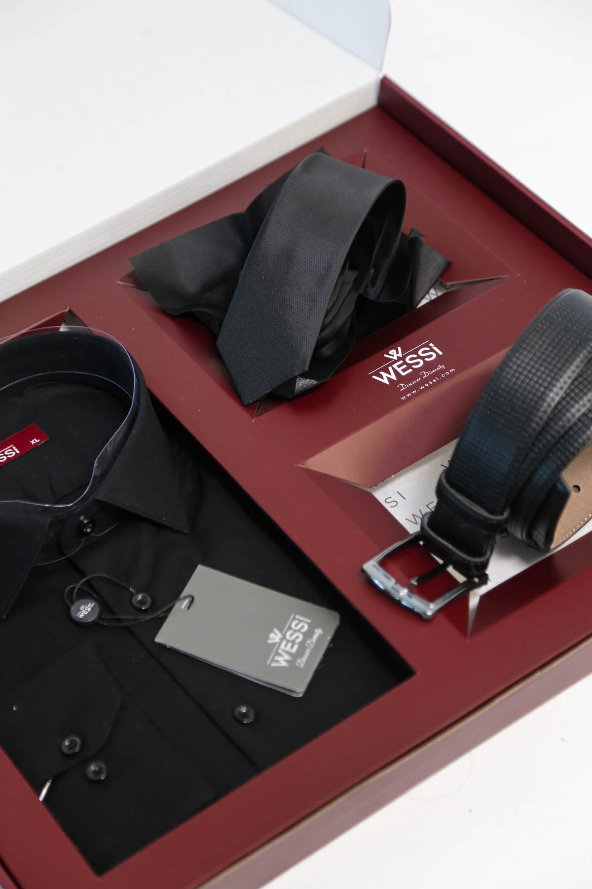 The Dapper Gift Box by Wessi – Includes Black Shirt, Black Tie & Black Textured Belt