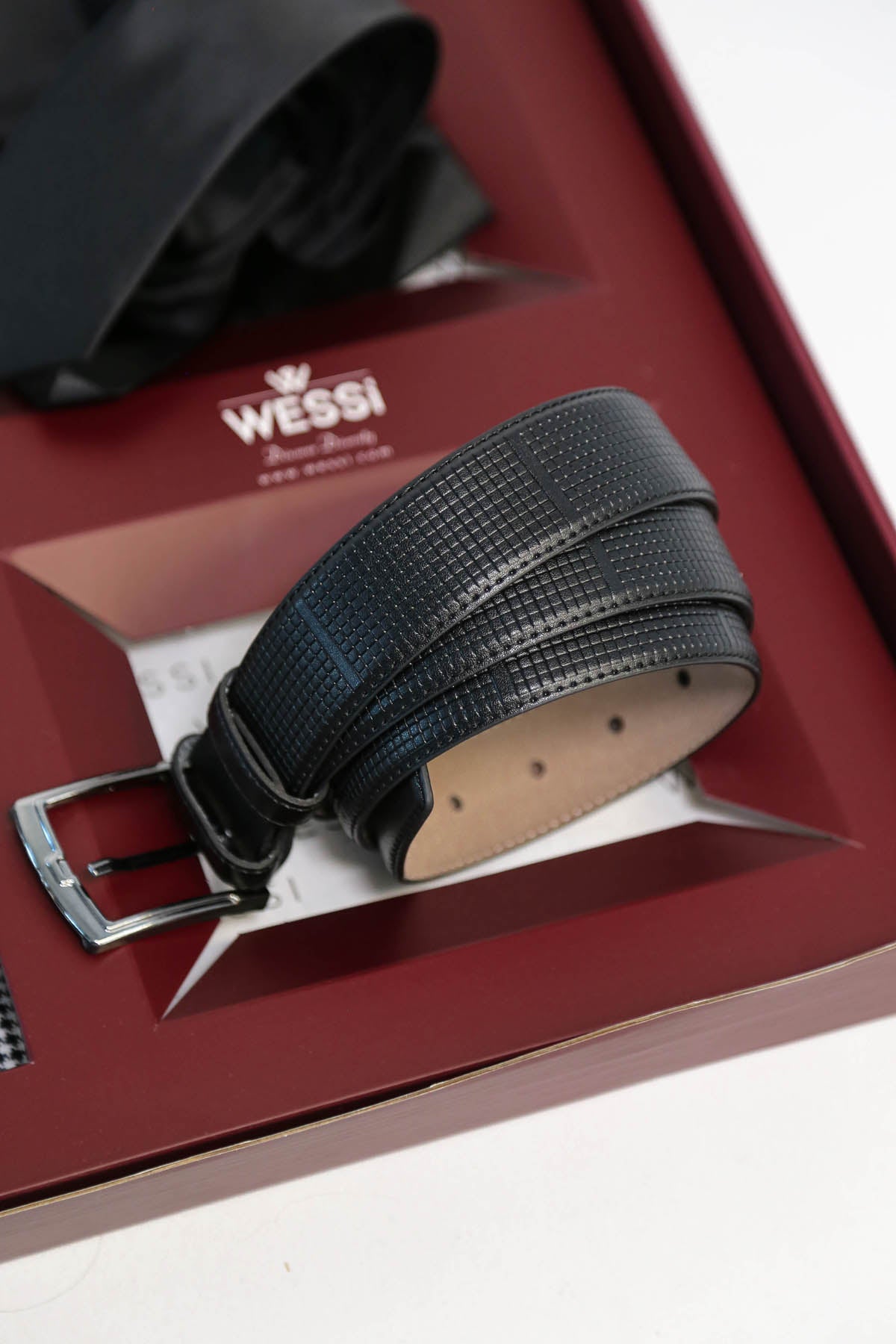The Dapper Gift Box by Wessi – Includes Black Houndstooth Shirt, Black Tie & Black Belt
