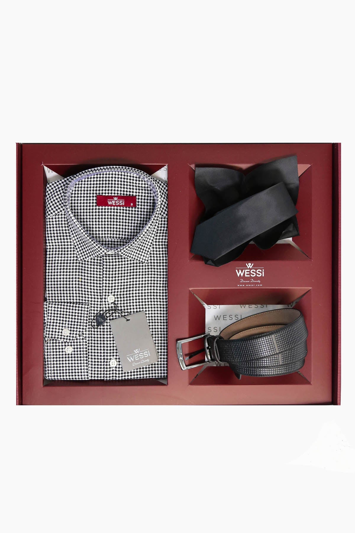 The Dapper Gift Box by Wessi – Includes Black Houndstooth Shirt, Black Tie & Black Belt