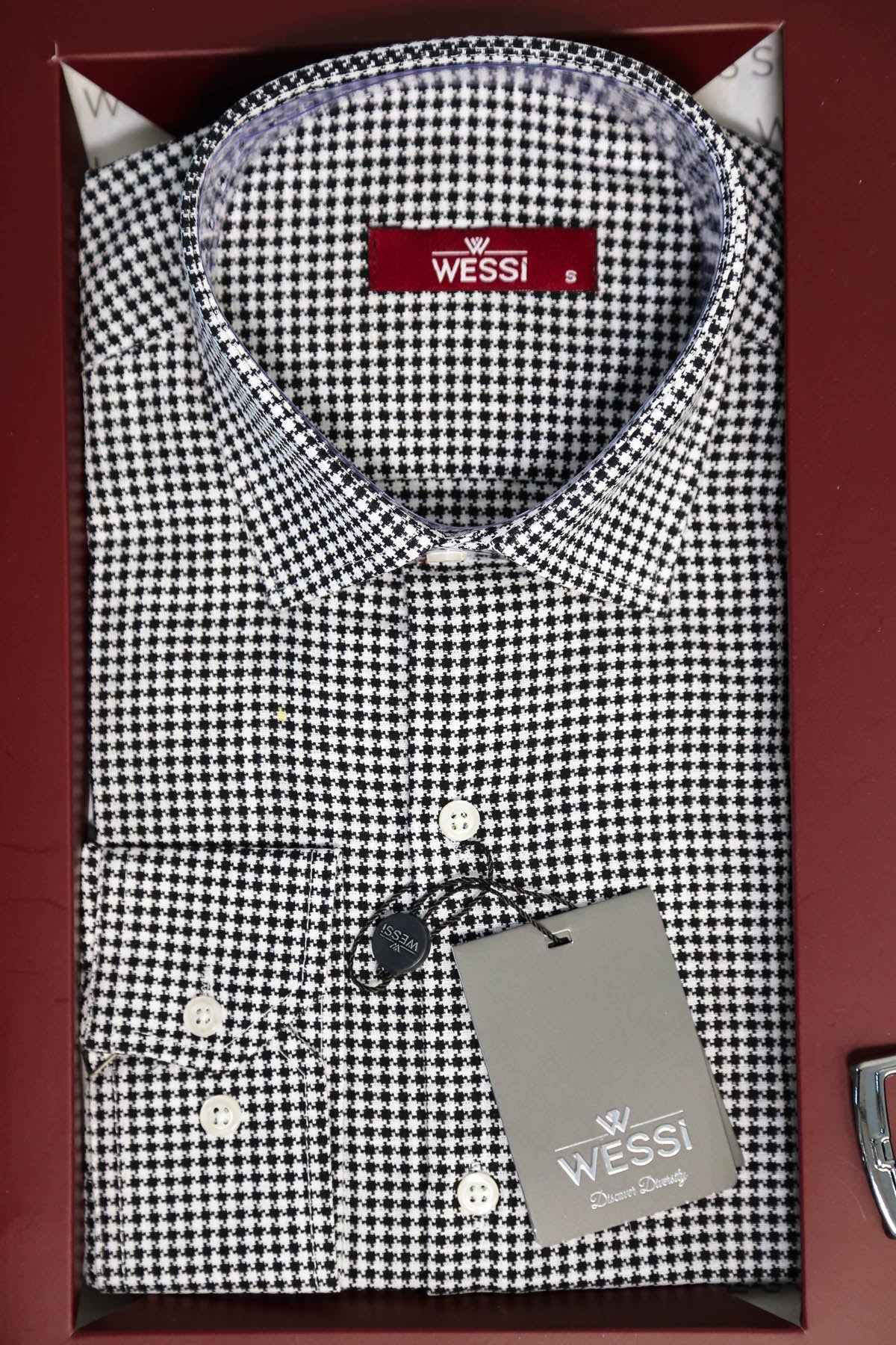 The Dapper Gift Box by Wessi – Includes Black Houndstooth Shirt, Black Tie & Black Belt