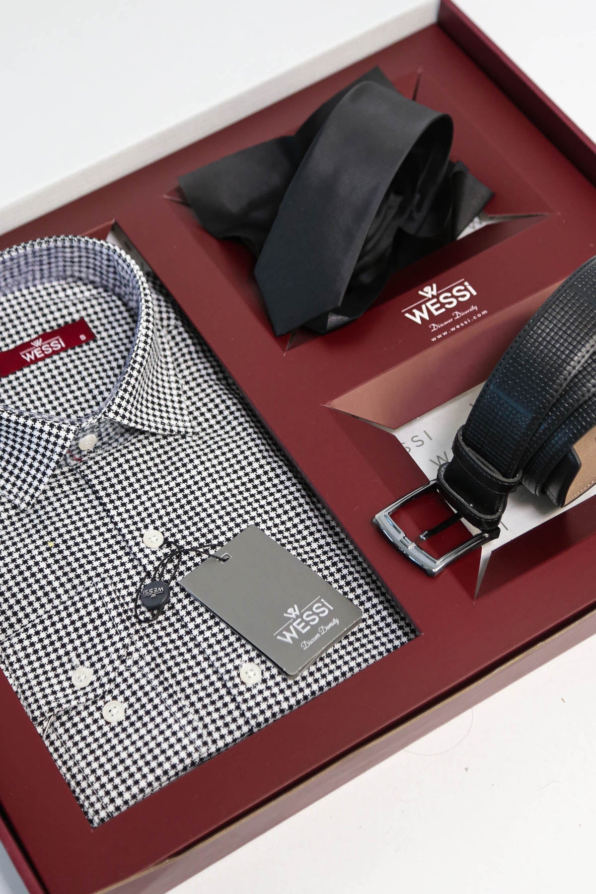 The Dapper Gift Box by Wessi – Includes Black Houndstooth Shirt, Black Tie & Black Belt