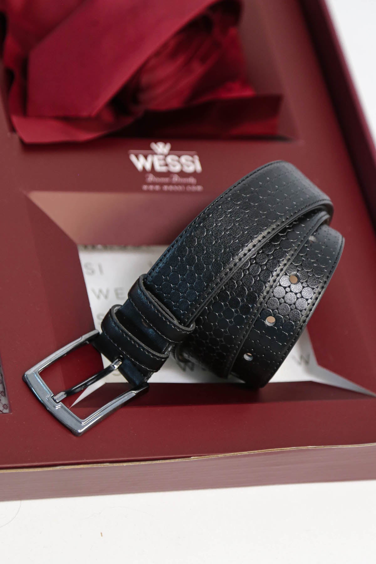 The Dapper Gift Box by Wessi – Includes Light Pink Geometric Shirt, Burgundy Tie & Textured Black Belt