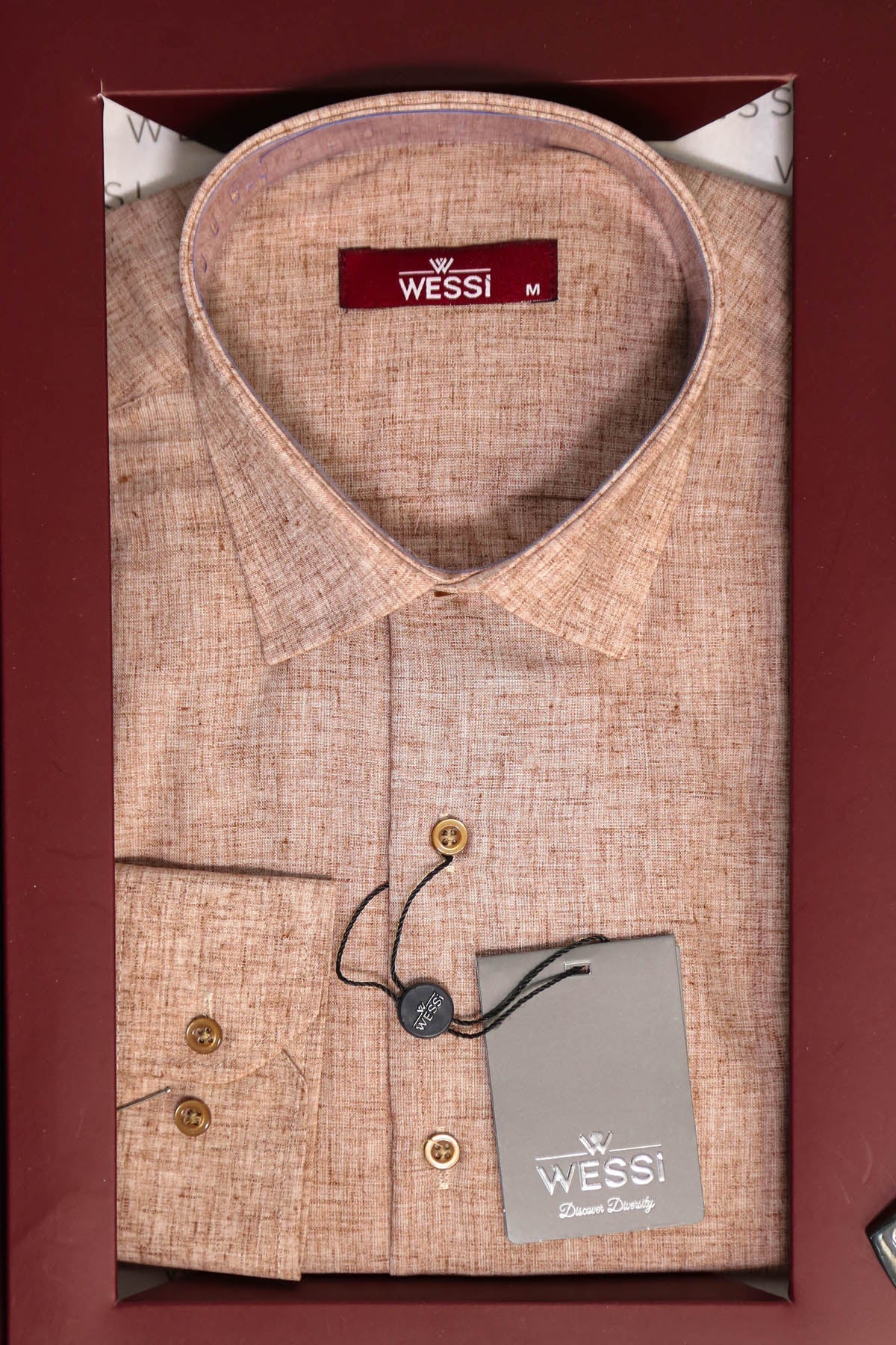 The Dapper Gift Box by Wessi – Includes Beige Textured Shirt, Navy Tie & Tan Belt