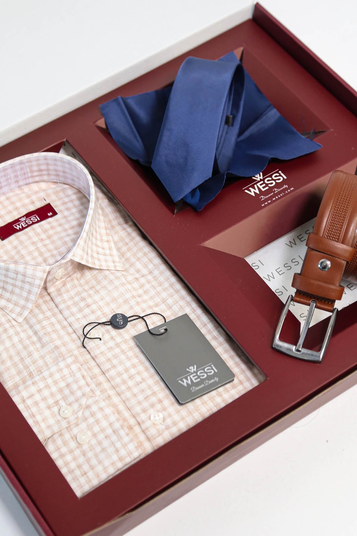 The Dapper Gift Box by Wessi – Includes Cream Check Shirt, Navy Tie & Tan Belt
