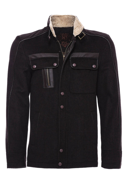 Fur Collar 4 Pockets Brown Men Coat