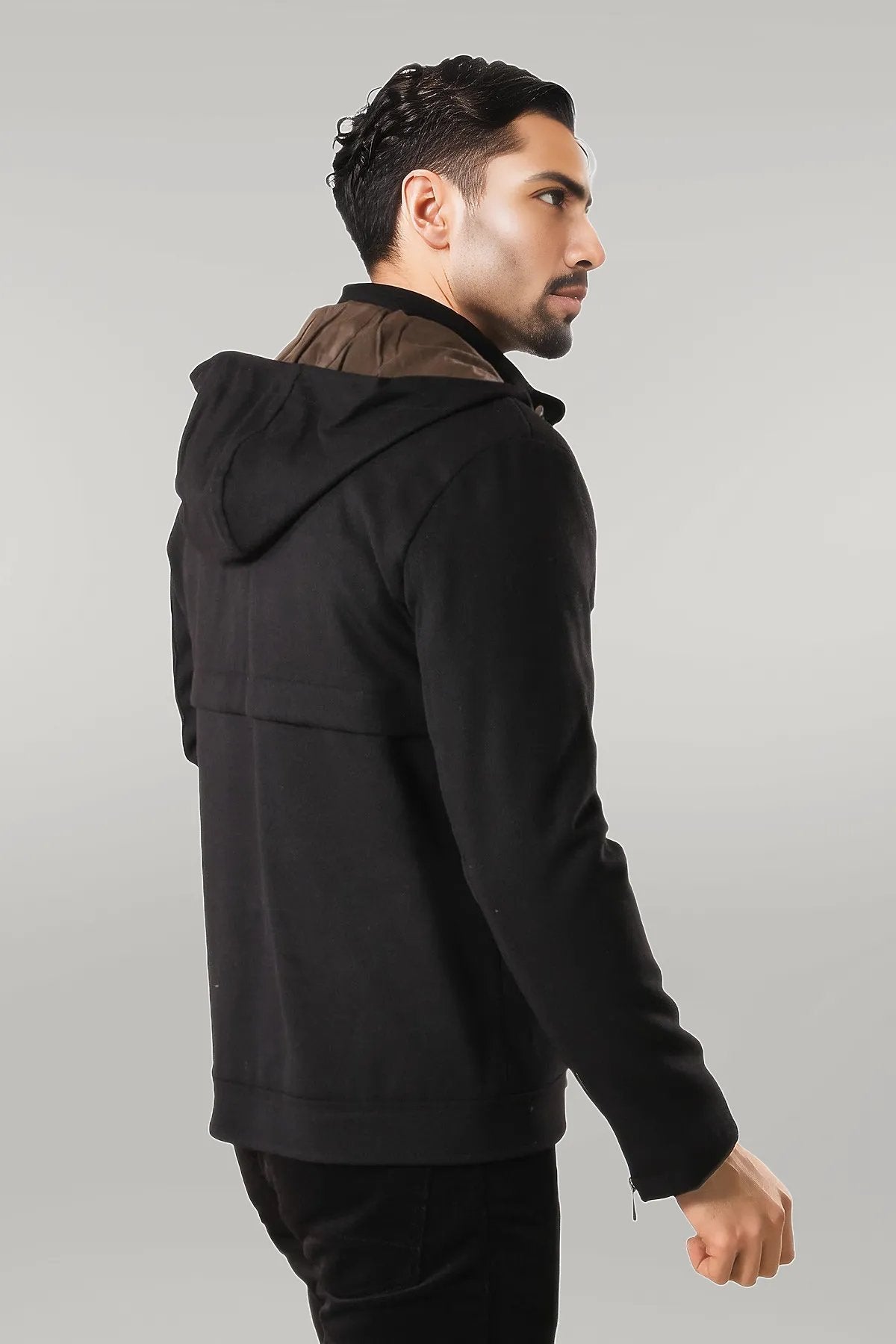 Zippered Sleeve Hooded Black Men Coat