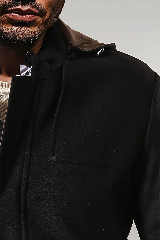 Zippered Sleeve Hooded Black Men Coat