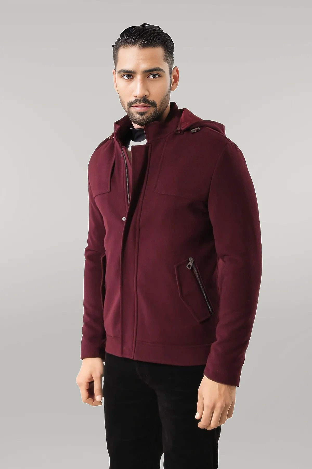 Zippered Sleeve Hooded Burgundy Coat - Wessi