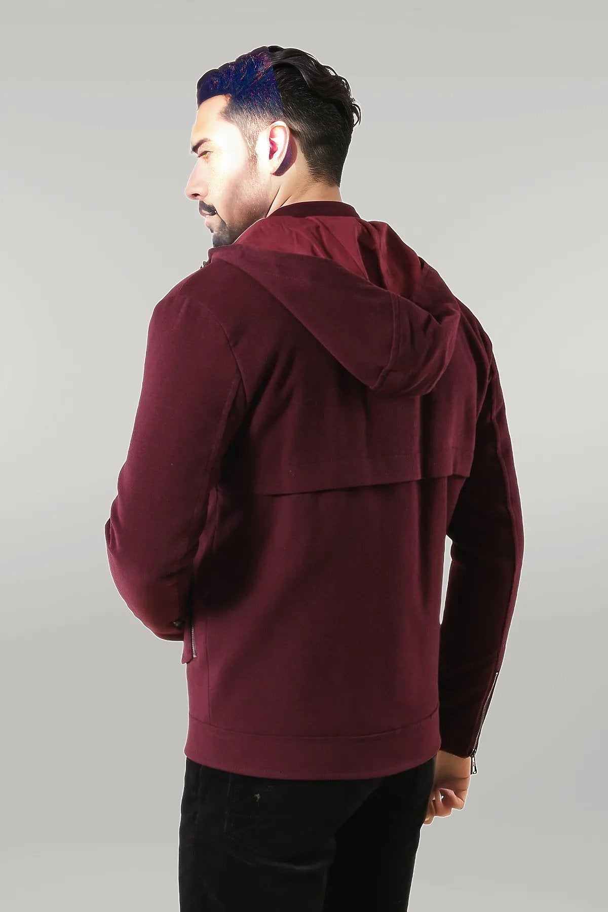 Zippered Sleeve Hooded Burgundy Coat