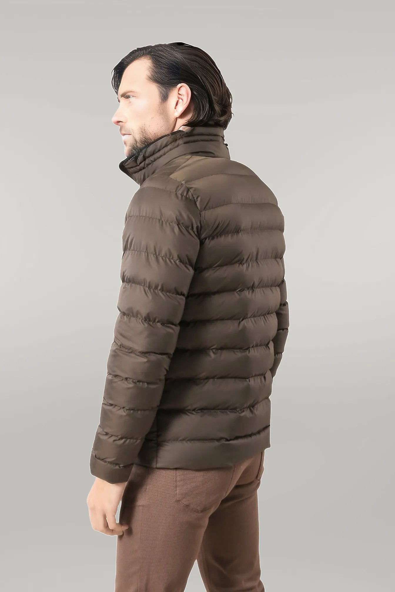 Quilted Standing Collar 2 Pockets Short Khaki Men Down Coat