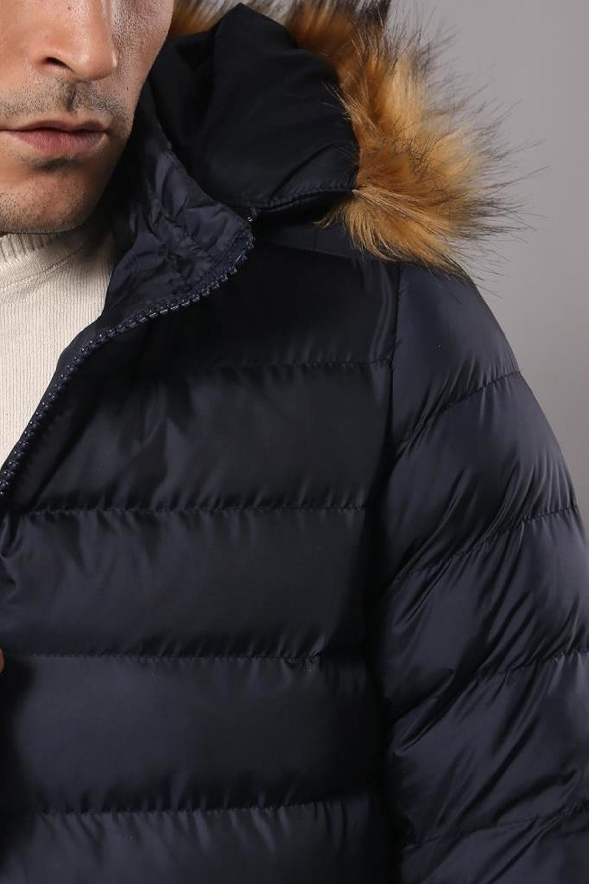 Navy Blue Hooded Men's Down Coat