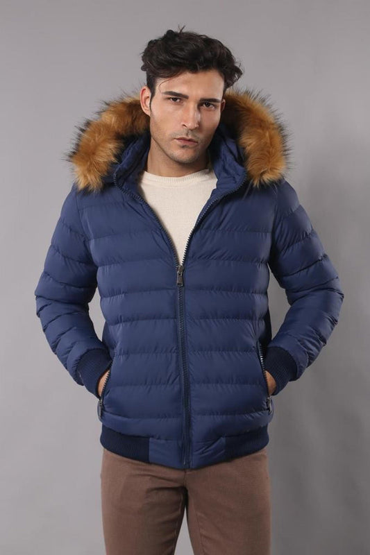 Navy Men's Puffer Coat with Fur